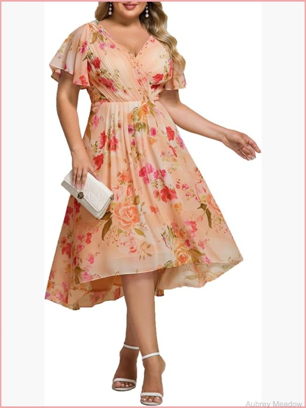 Plus Size Chiffon V-Neck Short Sleeve Formal Midi Cocktail Dress
